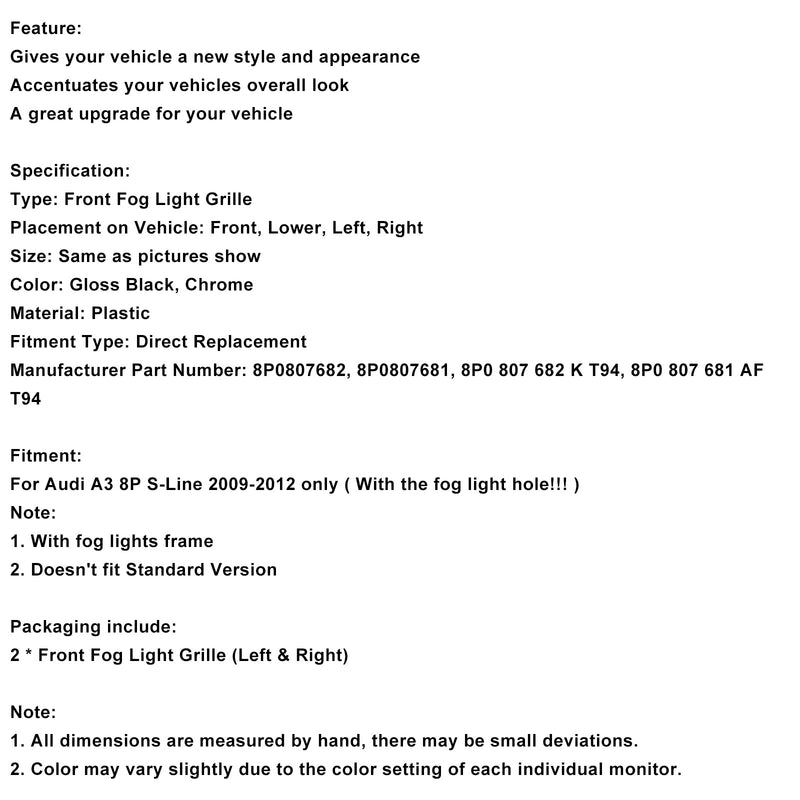 2009–2012 Audi A3 S-line S3 S3 Front Dolní nárazníková mřížka mlhových světel 8p0807682 8p0807681
