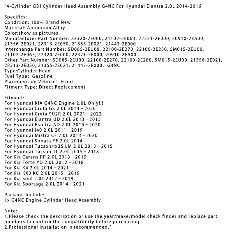 2021–2022 Hyundai Creta Su2R 2.0L 4-cylindret GDI-cylinderhovedmontering G4NC 22320-2E000