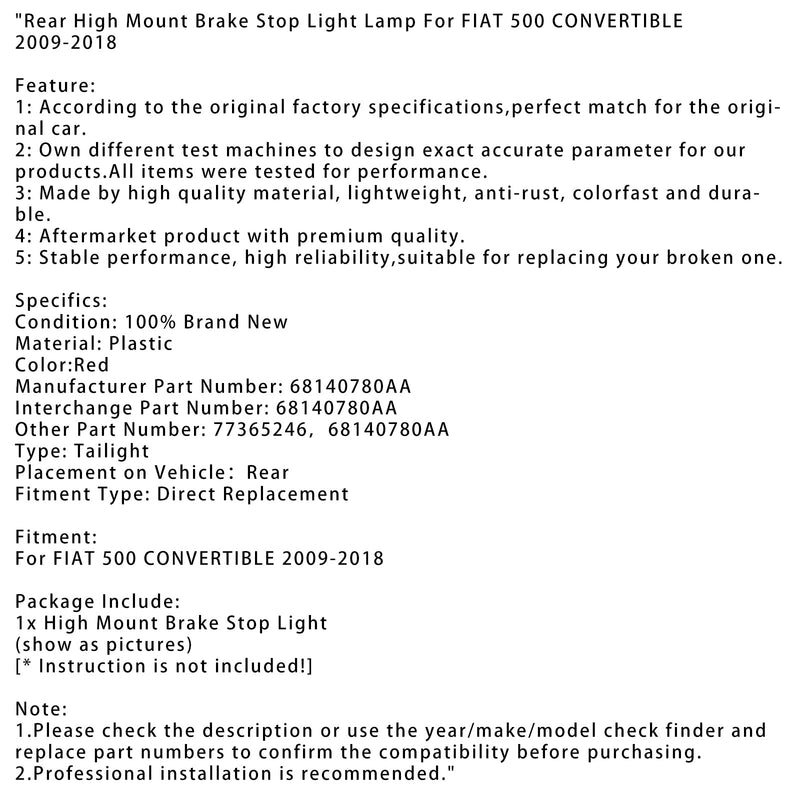 Bakre høymonterte bremsestopplyslampe for FIAT 500 CABRIO 2009-2018