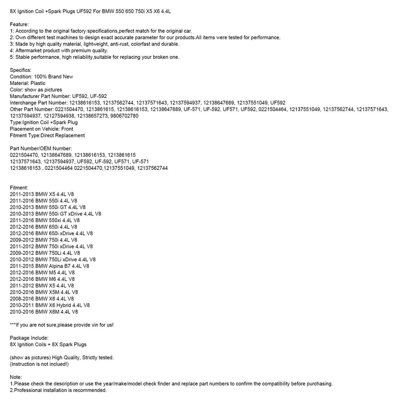2012-2016 BMW 650i 4.4L V8 8X Zündspule + Zündkerzen UF592 0221504470
