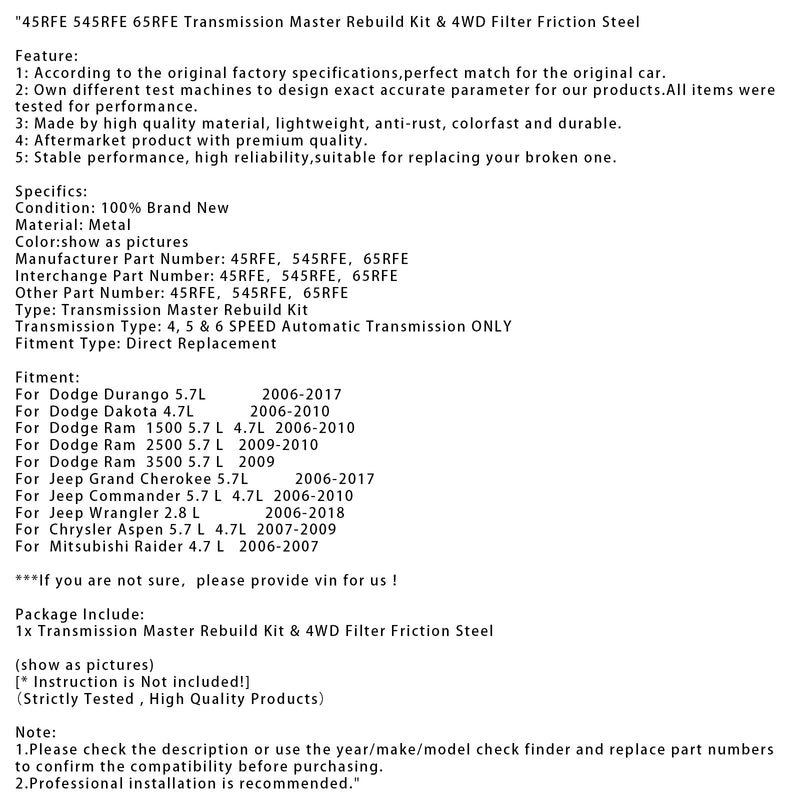 Jeep Grand Cherokee 5.7L (2006–2017) – Getriebe-Reparatursatz &amp; Allradfilter (Reibscheiben aus Stahl, passend für 45RFE, 545RFE, 65RFE)