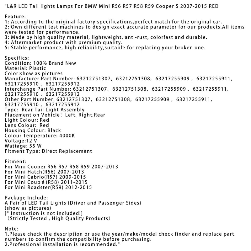 2007–2013 Mini Hatch (R56) L & R LED -valovalaisimet 63212751307 63217255909