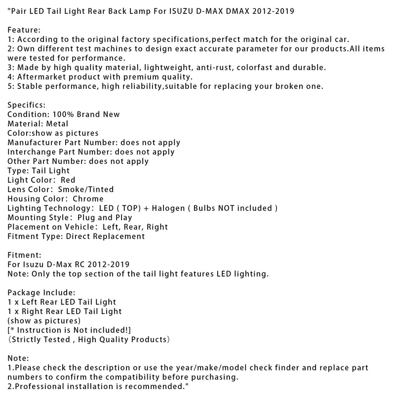 Paar LED Rücklicht Hinten Zurück Lampe Für ISUZU D-MAX DMAX 2012-2019