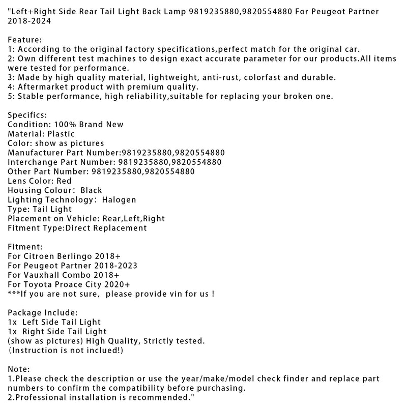 2018+ Vauxhall Combo Links+Rechts Seite Rücklicht Rückleuchte 9819235880 9820554880