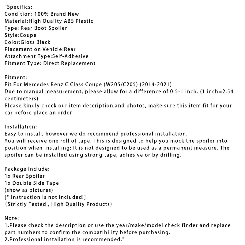 2014-2021 Mercedes-Benz C-Class W205 C205 Coupe Gloss Black Rear Spoiler