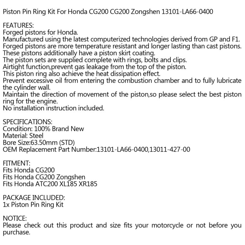 STD 4 x45,5 mm UK 63,5 mm Stroke Piston Kit Engine 13101-LA66-0400 CG200 Honda Fit
