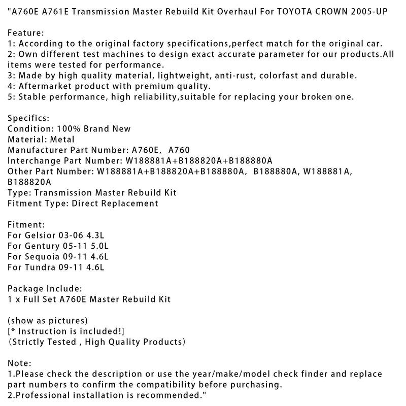 2009–2011 Sequoia 4.6L Getriebe Master Rebuild Kit Überholung A760E A761E