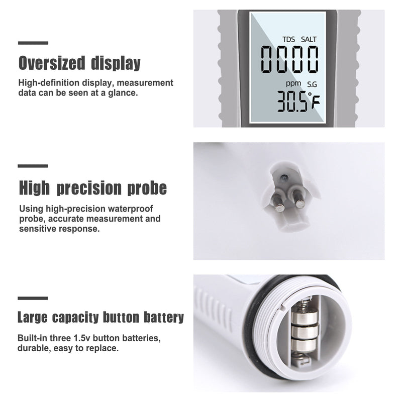 Medidor Digital de calidad del agua 4 en 1 EC/SG/TEMP/salinidad, herramienta de prueba