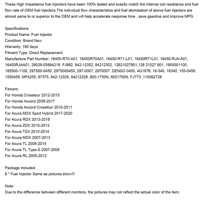 2010-2011 Honda Accord Crosstour 6PCS Inyector de combustible 16450-R70-A01
