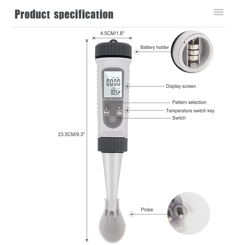 4In1 EC/SG/TEMP/suolaisuusmittari Digitaalinen vedenlaatumittarin testaustyökalu