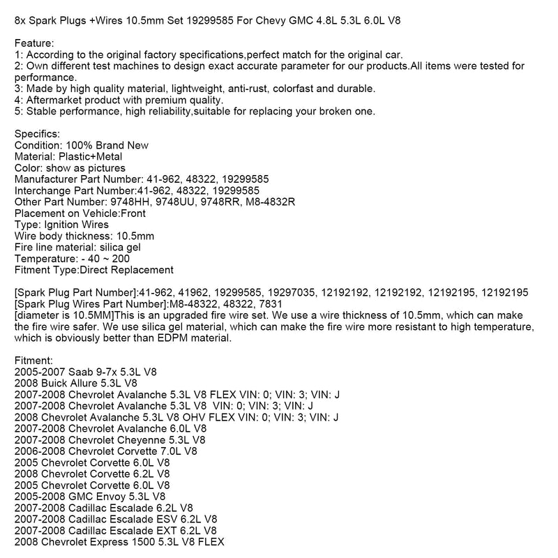 2007-2008 Chevrolet Avalanche 5,3L V8 sytytystulpat + johdot 10,5mm sarja 19299585 8kpl