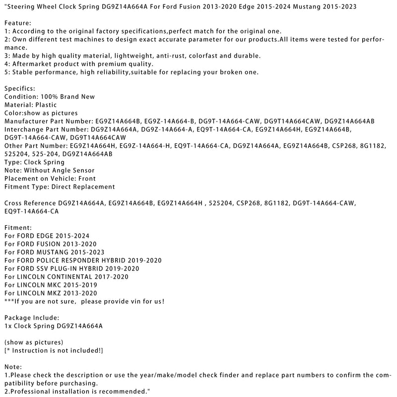 2019-2020 FORD SSV PLUG-IN HYBRID Rattklockfjäder DG9Z14A664A EG9Z14A664H 525204