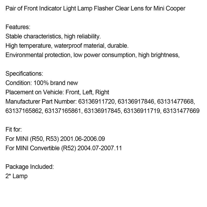 2004.07-2007.11 Mini Cabriolet R52 par främre indikatorlampa blinkande klar lins