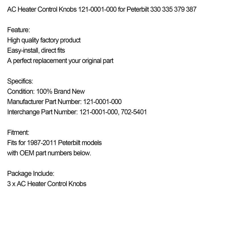 1987-2011 Peterbilt 330 335 379 387 3 Stück AC-Heizungsreglerknöpfe 121-0001-000