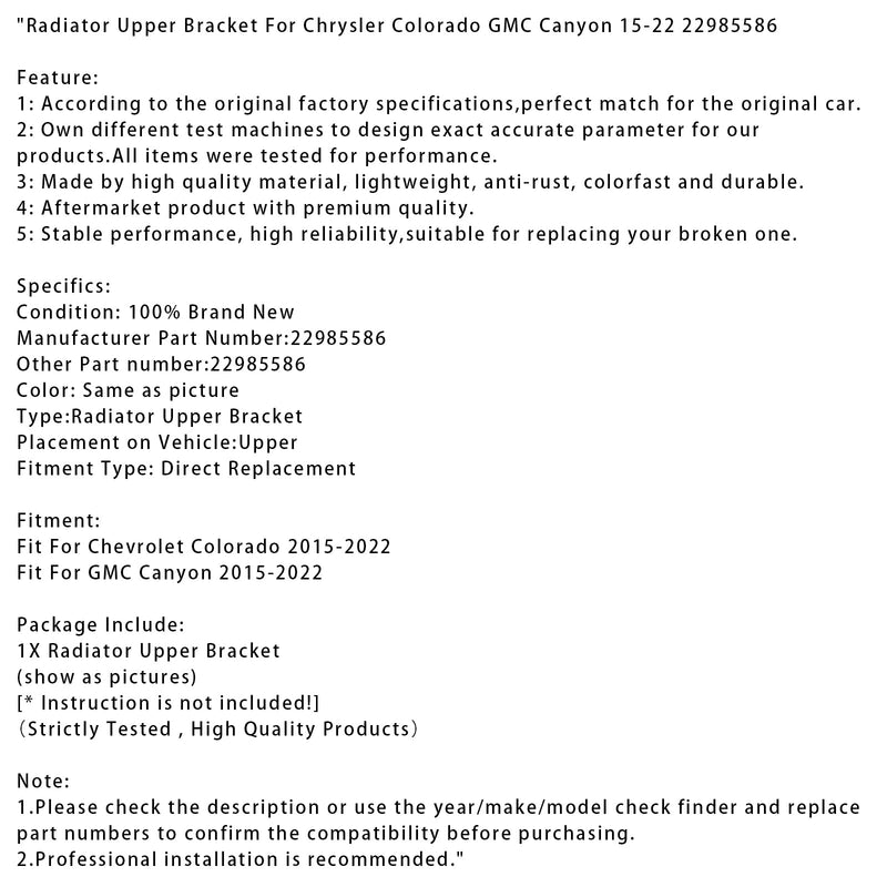 Obere Kühlerhalterung 22985586 für Chrysler Colorado und GMC Canyon (2015–2022)