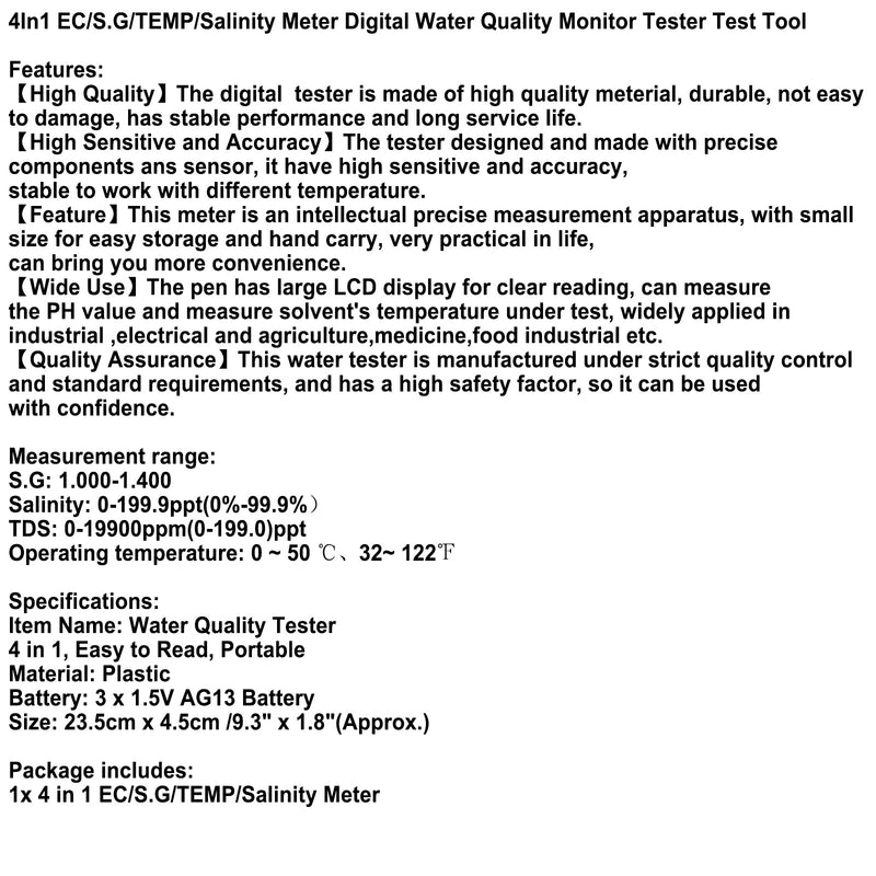 Medidor Digital de calidad del agua 4 en 1 EC/SG/TEMP/salinidad, herramienta de prueba