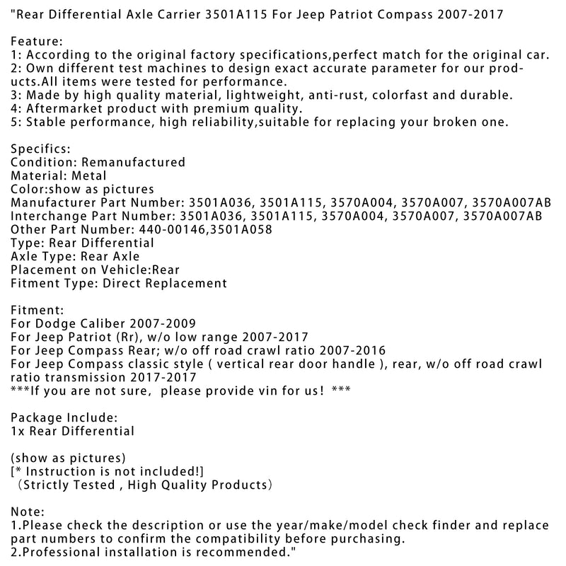 2007-2009 Dodge Caliber HinterACHRäger 3501A115 3501A036 3570A004