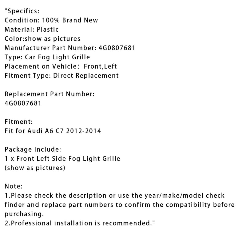 2012–2014 Audi A6 C7 vorne links Stoßstangengrill Nebelscheinwerfer Grill 4G0807681