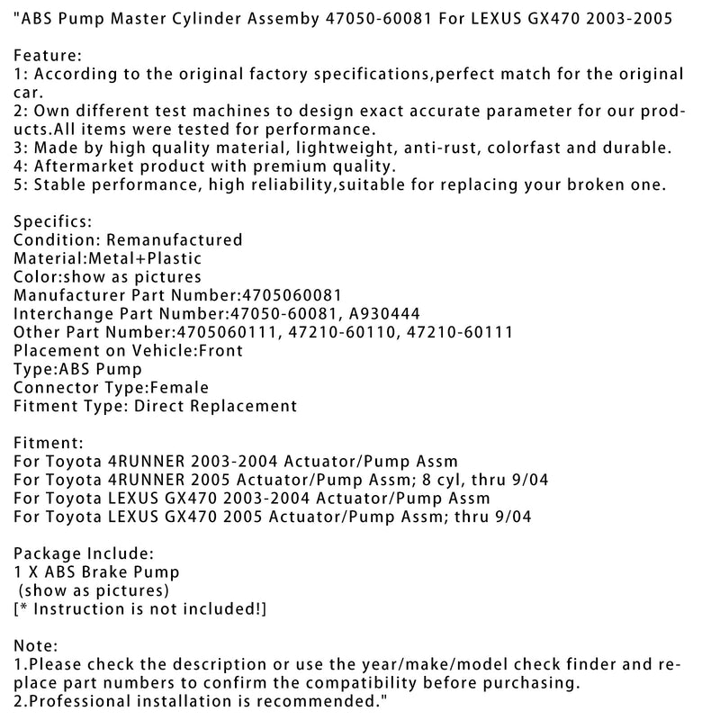 2003-2004 Toyota 4RUNNER toimilaite/pumppuyksikkö ABS-pumpun pääsylinterikokoonpano 47050-60081