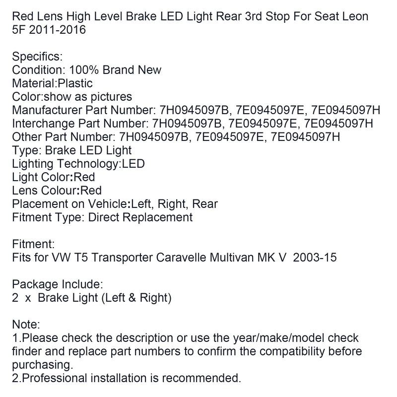 2003–2015 VW T5 Transporter Caravelle Multivan MK V Rot 3. Hochgestelltes Bremslicht hinten Scheune 4 Türen
