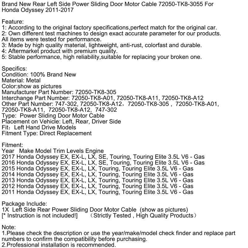 2011–2017 Honda Odyssey hinten links Power Schiebetür Motorkabel 72050-TK8-3055