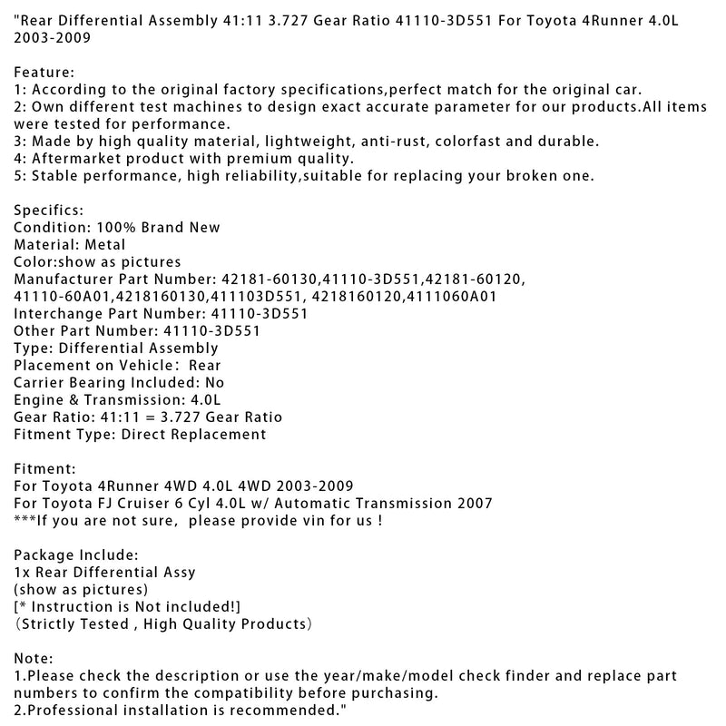 Hintere Differentialbaugruppe 41:11 3,727 Übersetzungsverhältnis für Toyota 4Runner 4.0L 2003-2009