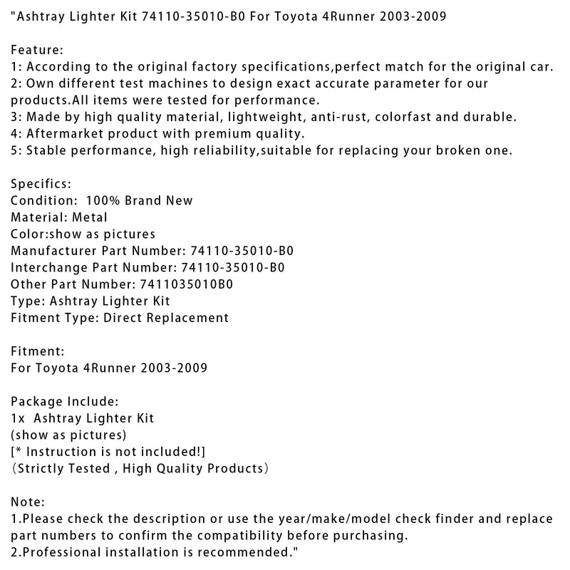 2003-2009 Toyota 4Runner Aschenbecher-Anzünder-Kit 74110-35010-B0 7411035010B0