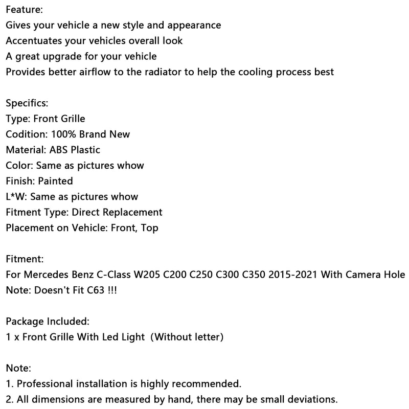 2015-2021 Mercedes W205 C250 C300 LED-etusäleikköllä, musta
