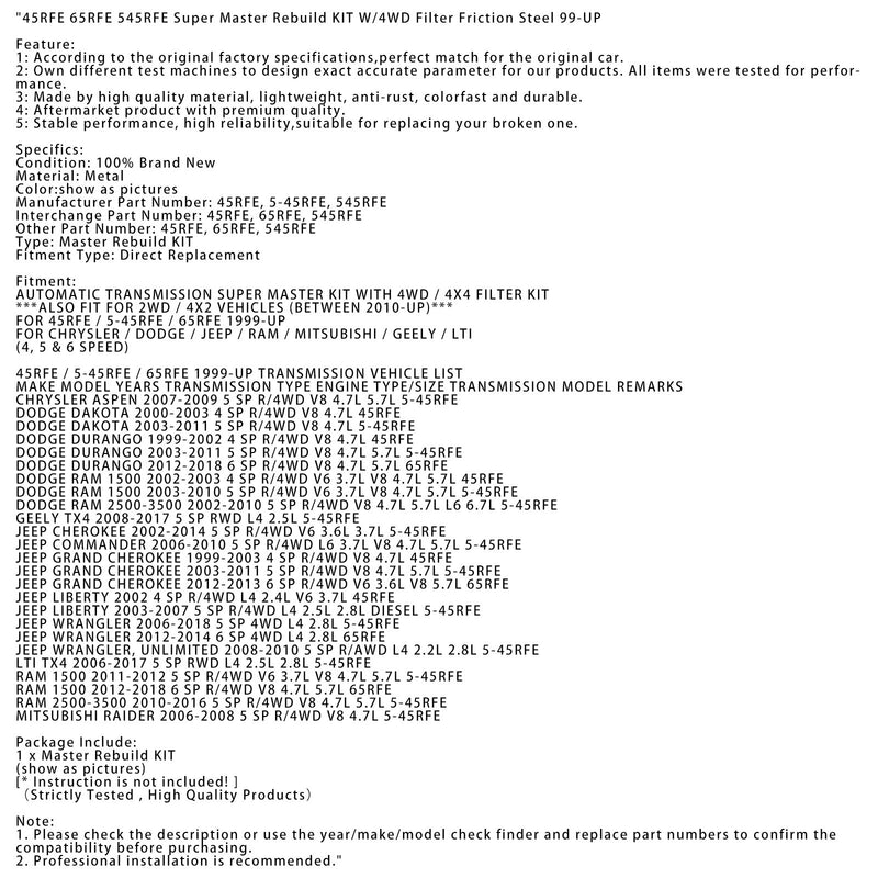45RFE 65RFE 545RFE Super Master Umbausatz mit 4WD-Filter, Reibungsstahl, Baujahr 99