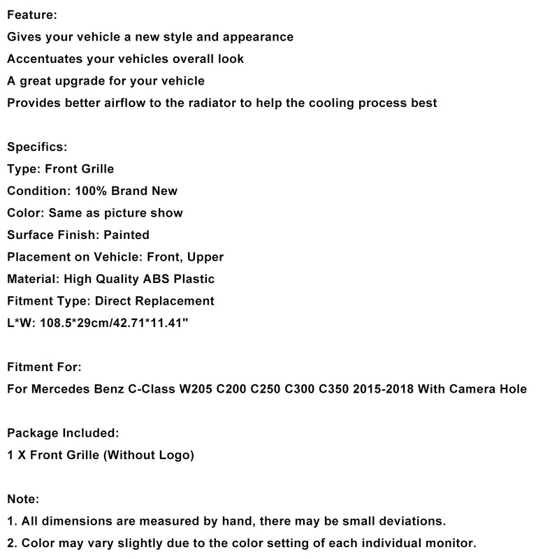 Diamond Front Grill Grille Fit Benz C-Class W205 C250 C300 C400 2015-2018