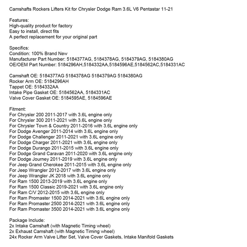 2011-2015 Dodge Durango mit 3,6-l-Motor, Nockenwellen-Kipphebel-Set