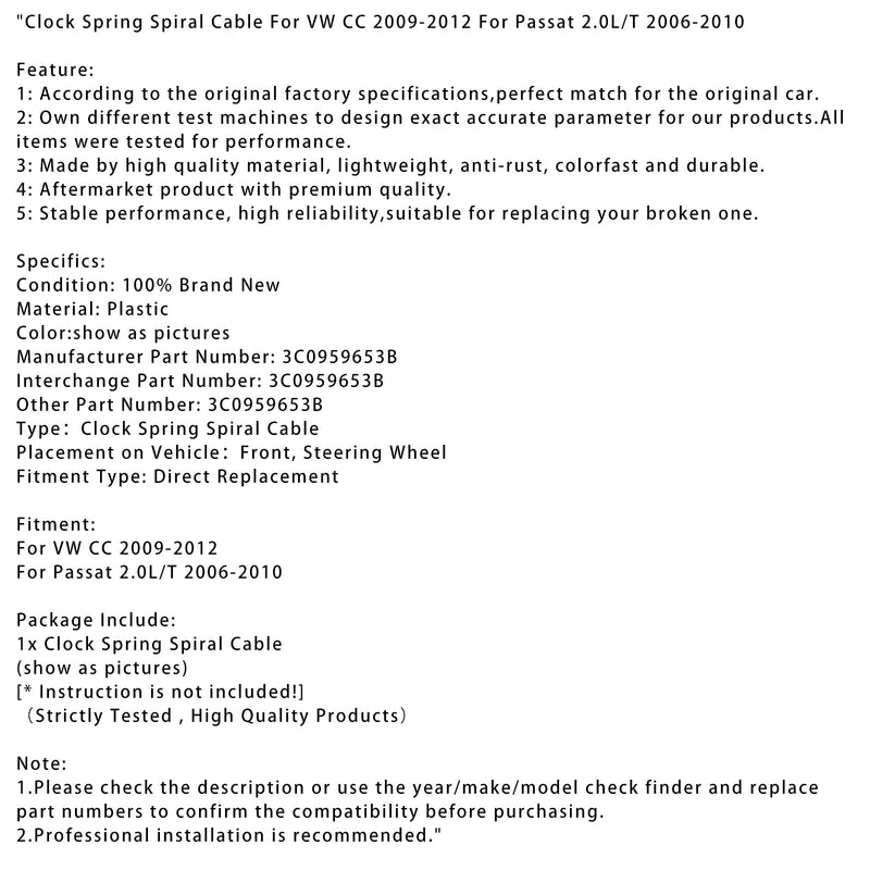 Wrinkle Spring Spiral Cable för VW CC 2009-2012 för Passat 2.0L/T 2006-2010