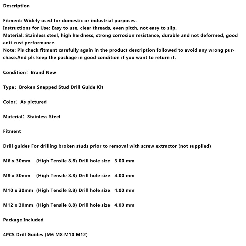 Stainless Steel M6 & M8 & M10 & M12 Broken Snapped Stud Drill Guide Kit 4PCS