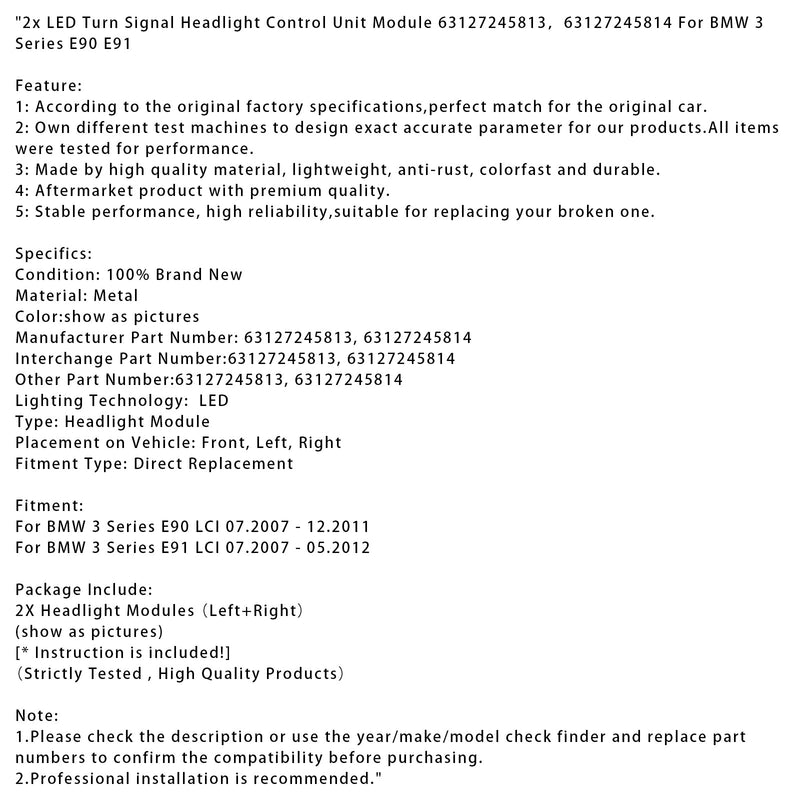 07.2007 - 12.2011 BMW 3 Series E90 LCI 2x Turn Signal Headlight Control Unit Module 63127245813 14