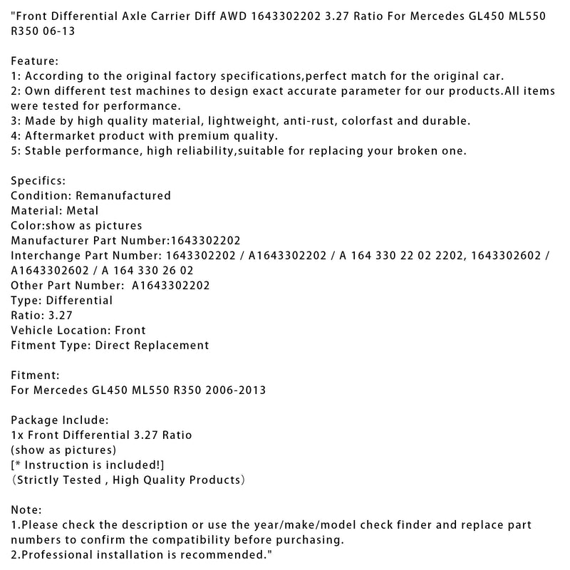 2006-2013 Mercedes GL450 ML550 R350 Front Differential Axle Carrier Diff AWD 1643302202