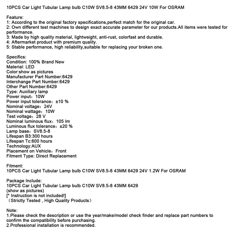 10 STÜCKE Auto Licht Rohrlampe birne C10W SV8.5-8 43 MM 6429 24 V 10 Watt Für OSRAM