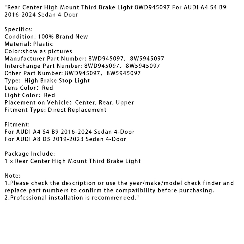 Hinten Center High Mount Dritte Bremsleuchte 8WD945097 Für AUDI A4 S4 B9 2016-2024