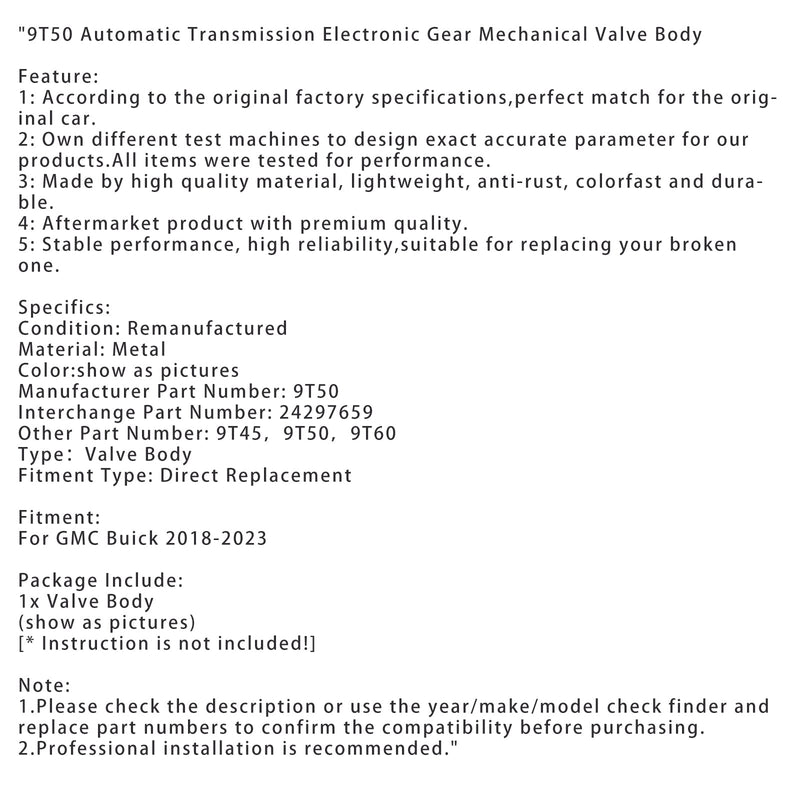 2018-2023 GMC Buick 9T50 automatisk girkasse elektronisk girkasse mekanisk ventilhus