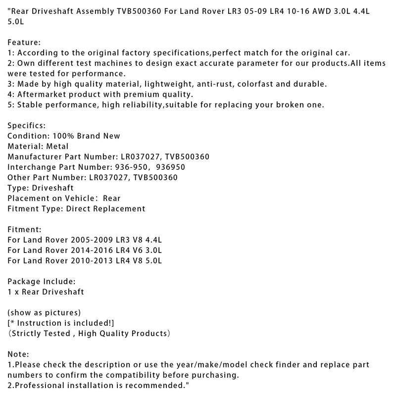 2010–2013 Land Rover LR4 V8 5,0 l Hintere Antriebswelle TVB500360