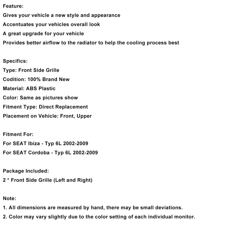 2002–2009 Seat Ibiza Cordoba 6L 2 Stück Waben Kühlergrill FR