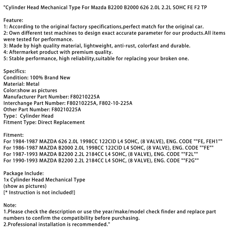 1984-1987 MAZDA 626 2.0L 1998CC 122CID L4 SOHC Sylinderhode Mekanisk Type F80210225A