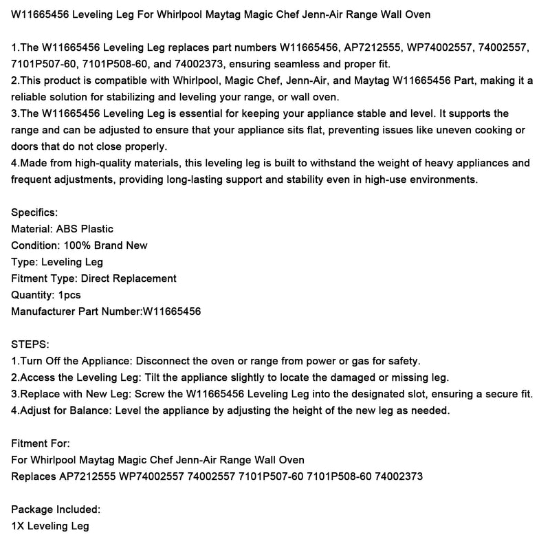 W11665456 Nivellierbein für Maytag Magic Chef Jenn-Air Range Wandofen