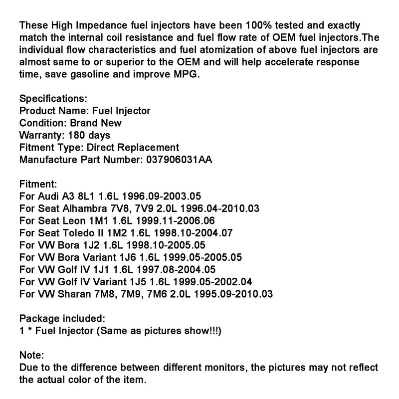 1 szt. Wtryskiwacz paliwa 037906031AA pasuje do Audi A3 1.6L 1996-2003 pasuje do siedzenia pasuje do VW