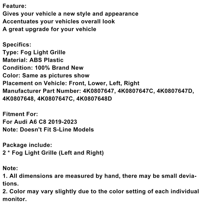 2019-2023 Audi A6 C8 2PCS Frontstoßstange Nebelscheinwerfer Abdeckung Grill Grille