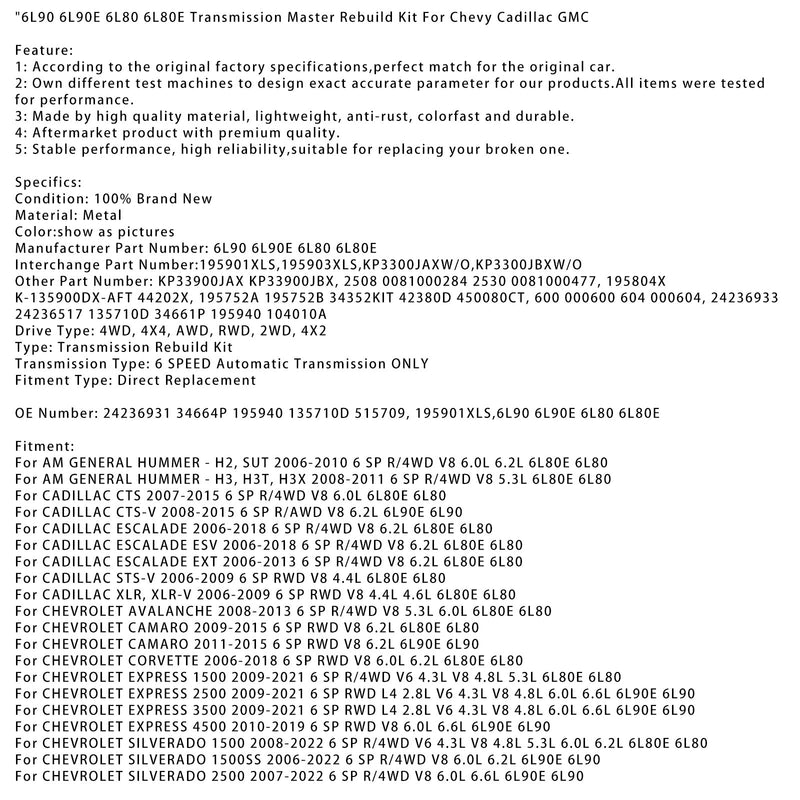 2007–2017 Holden VM Caprice 6 SP RWD V6 3,6 l V8 6,0 l 6L90E 6L80 6L80E Getriebe Master Rebuild