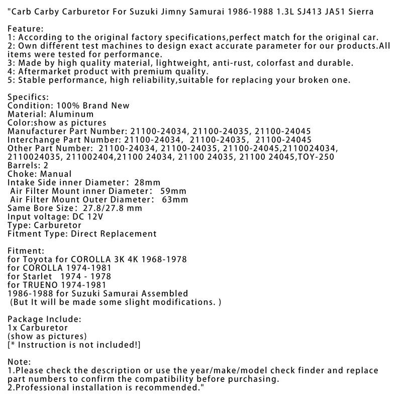 1986-1988 Suzuki Samurai monterad förgasare Carby Carburetor 21100-24034