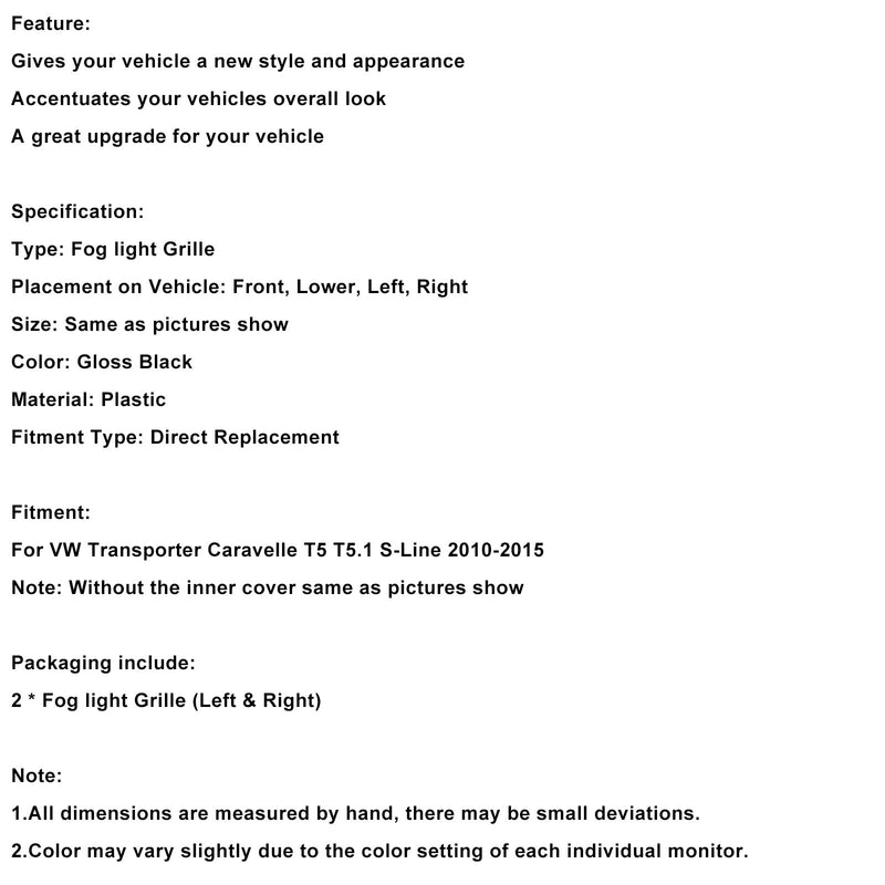 2010–2015 VW T5 T5.1 S-Linie Nebelscheinwerfer Licht Abdeckung Einsatz Kühlergrill Glanz schwarz