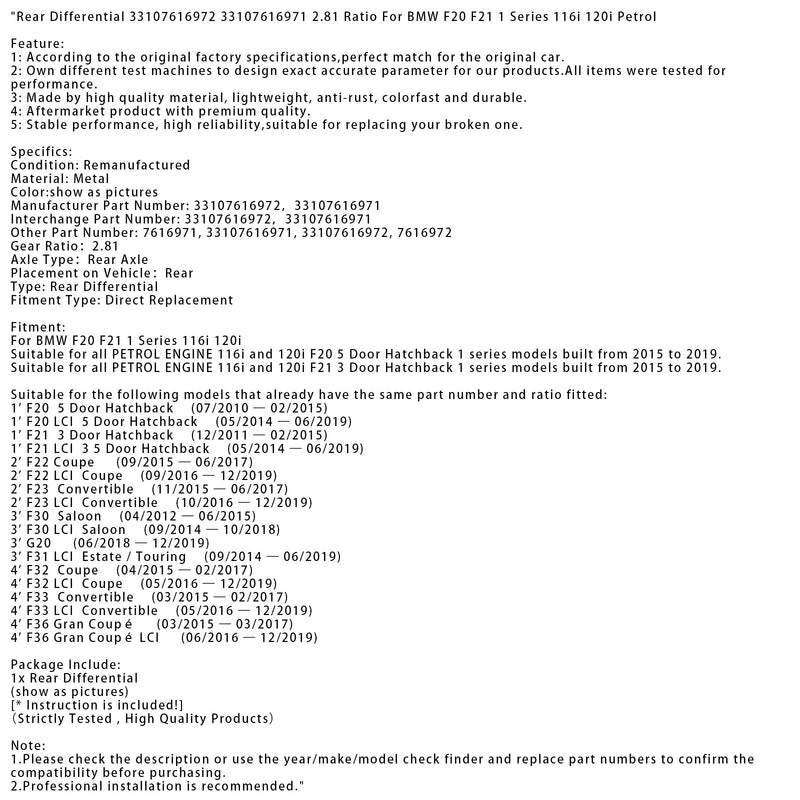 04/2012-06/2015 BMW 1er F30 Limousine Hinterachsdifferential 33107616972 33107616971 2,81 Verhältnis