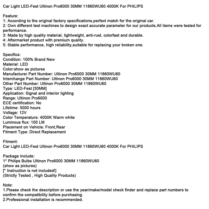 Auto Licht LED-Fest Ultinon Pro6000 30MM 11860WU60 4000K Für PHILIPS