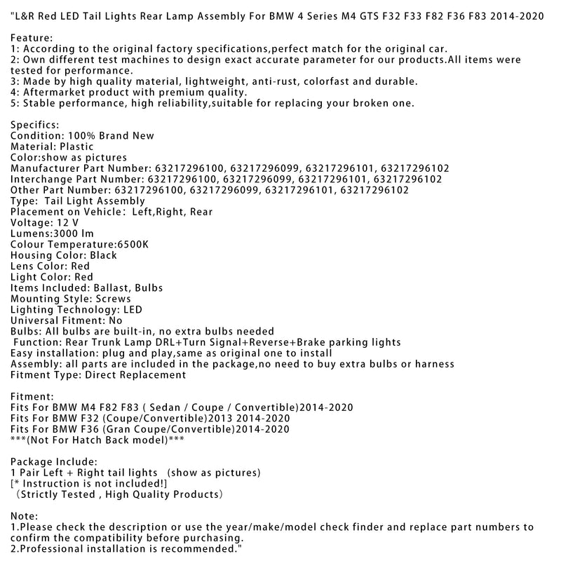 2014–2020 BMW F36 (Gran Coupé/Cabrio) L&R Red LED Baglys, baglysmodul 63217296100 63217296099